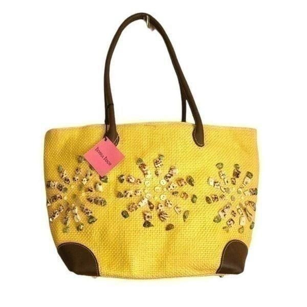Donna Dixon Shoulder Bag Seashell Studded Tote Beach Bag Summer Yellow Brown