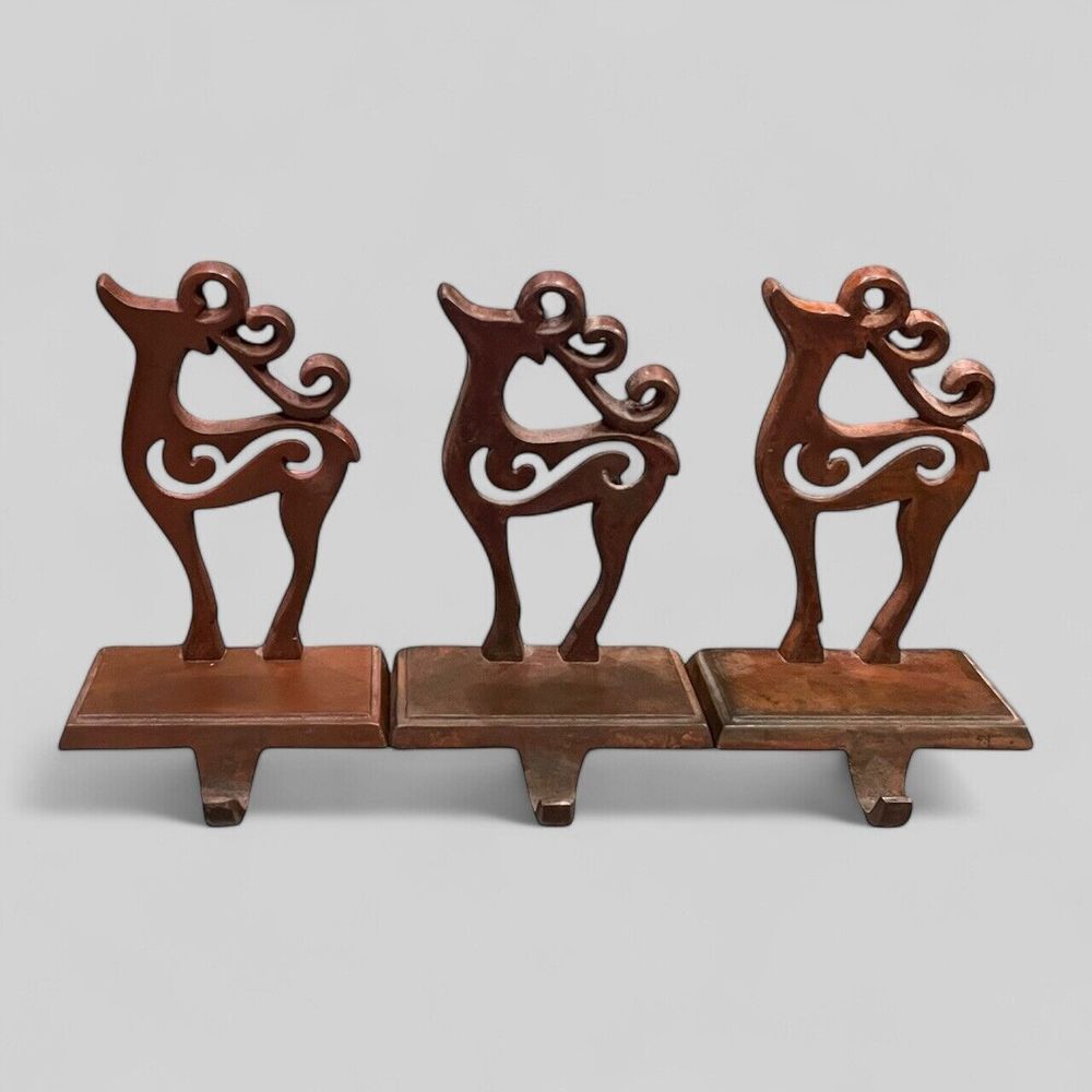 Set of 3 Cast Iron Bronze Finish Reindeer Deer Stocking Hanger Holder