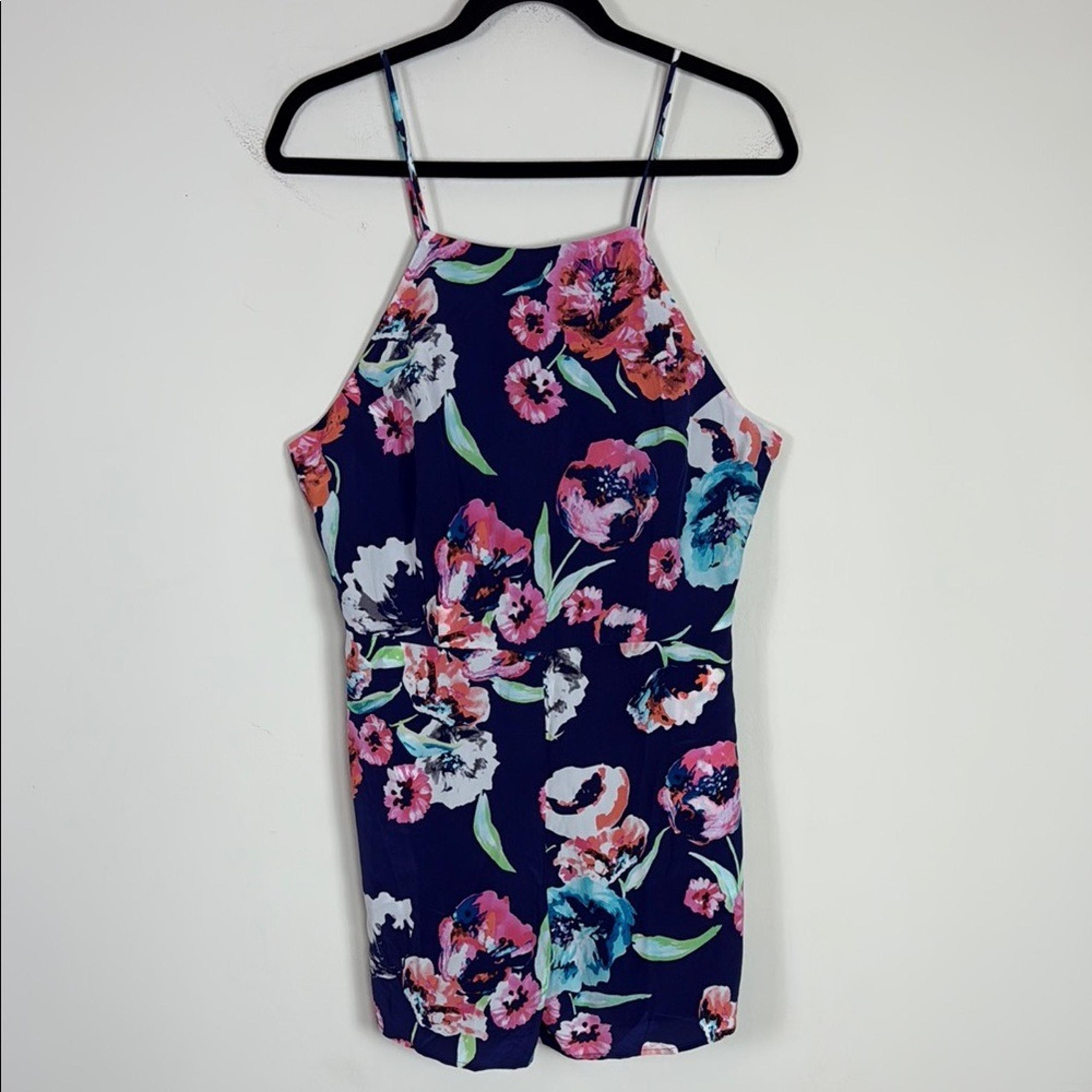 Yumi Kim Girl Next Door 100% Silk Navy Floral High Neck Romper Size Large
