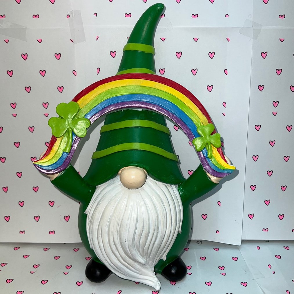 St Patricks Day Gnome holding a rainbow