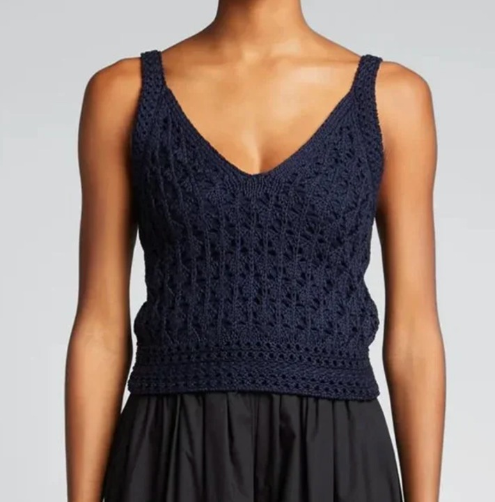Vince Sleeveless Navy V-Neck Crochet Sweater w/ Spaghetti Straps