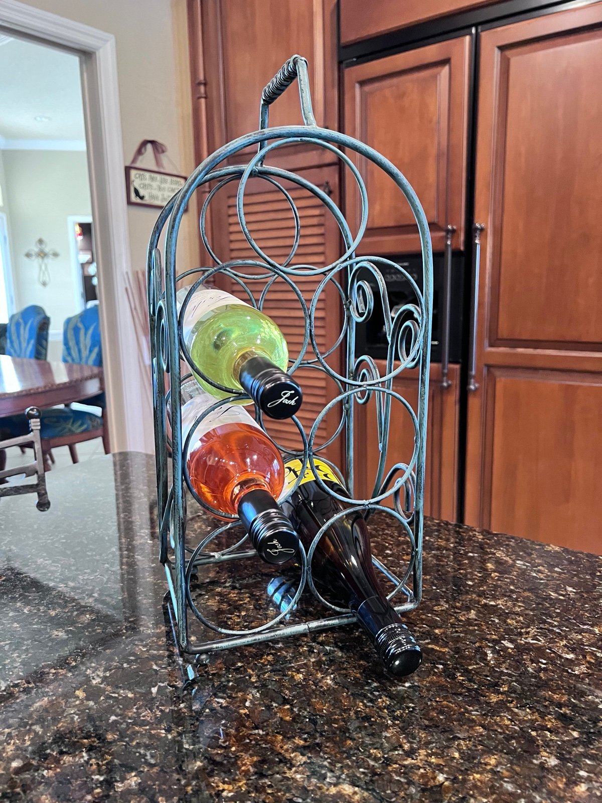 Vintage 7-Bottle Countertop Wine Holder with Verdigris Patina
