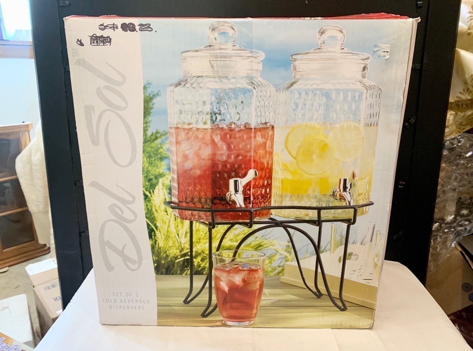 Del Sol Set of 2 Hammered Glass Beverage Dispensers 1 Gallon Each w/ Lid & Stand