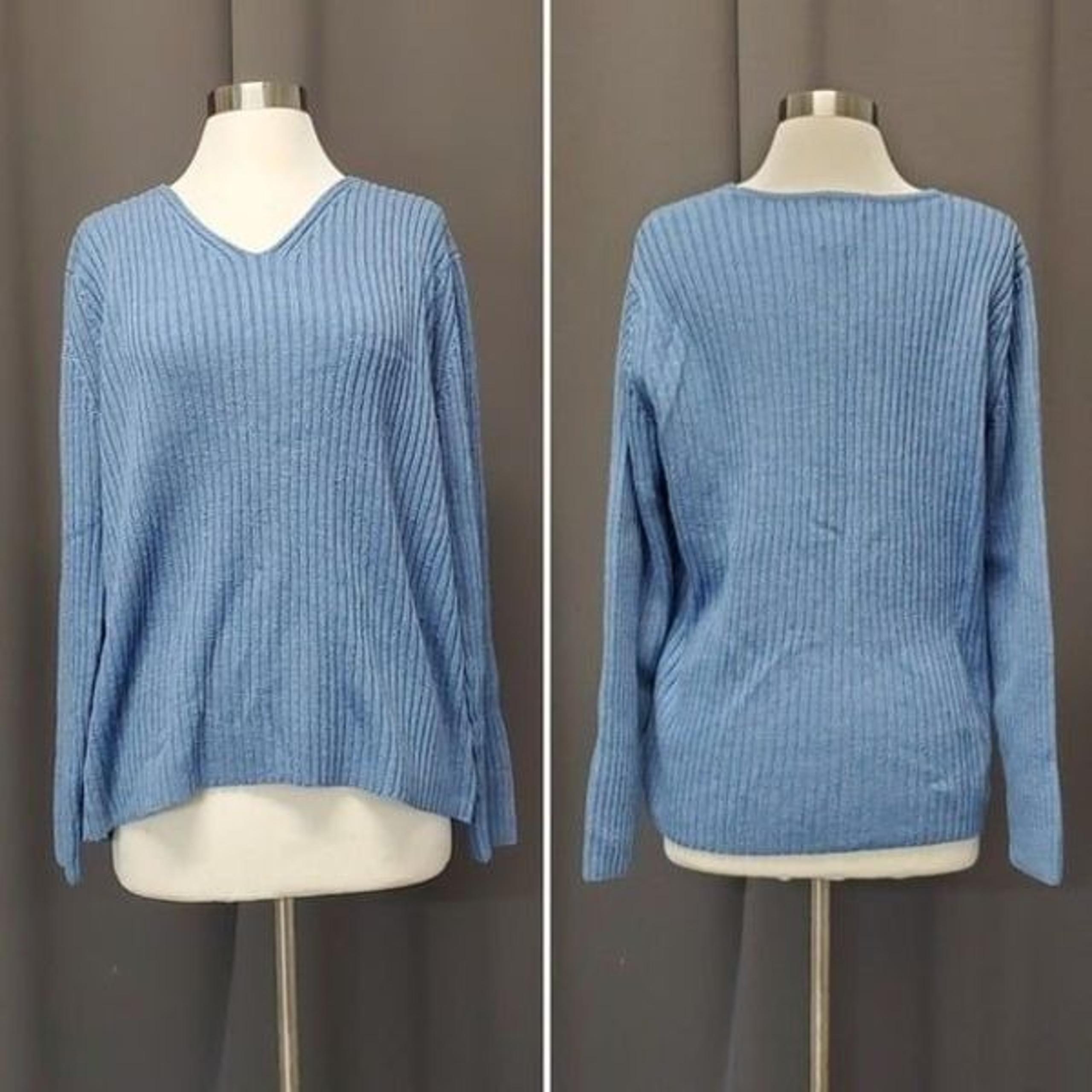 L.L.Bean Sky Baby Blue Merino Wool Ribbed Knit V Neck Relaxed Pullover Sweater