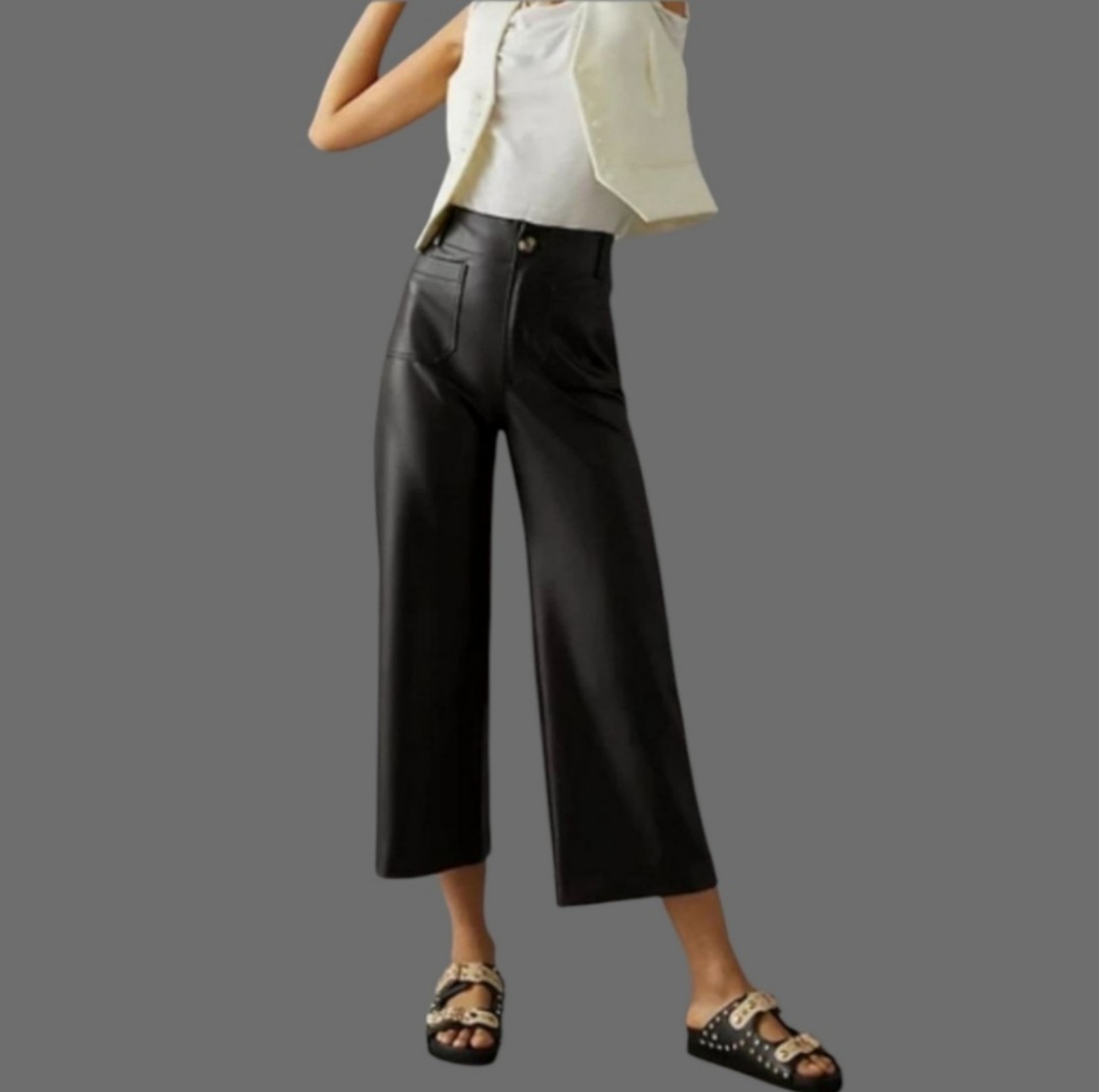 MAEVE Anthropologie The Colette Pants Black Sz 32 Cropped Wide-Leg Faux Leather