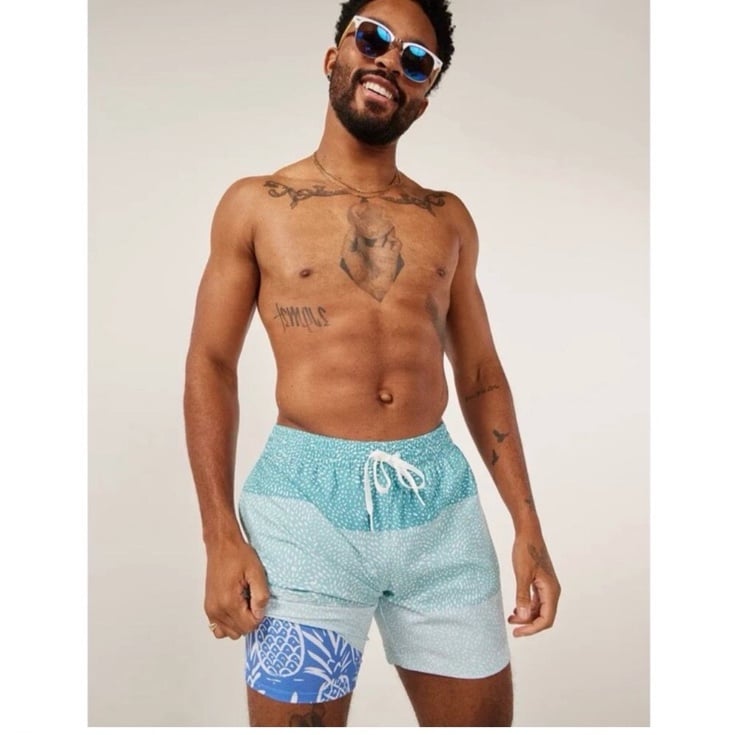 Chubbies The Whale Sharks 5.5 Swim Trunk w/ Liner Shorts Teal Blue