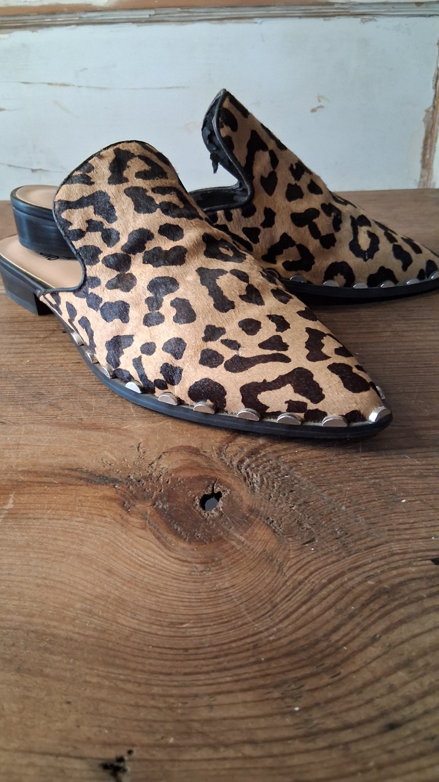 Bleecker & Bond Simone mule in leopard print calf hair with silver studs.