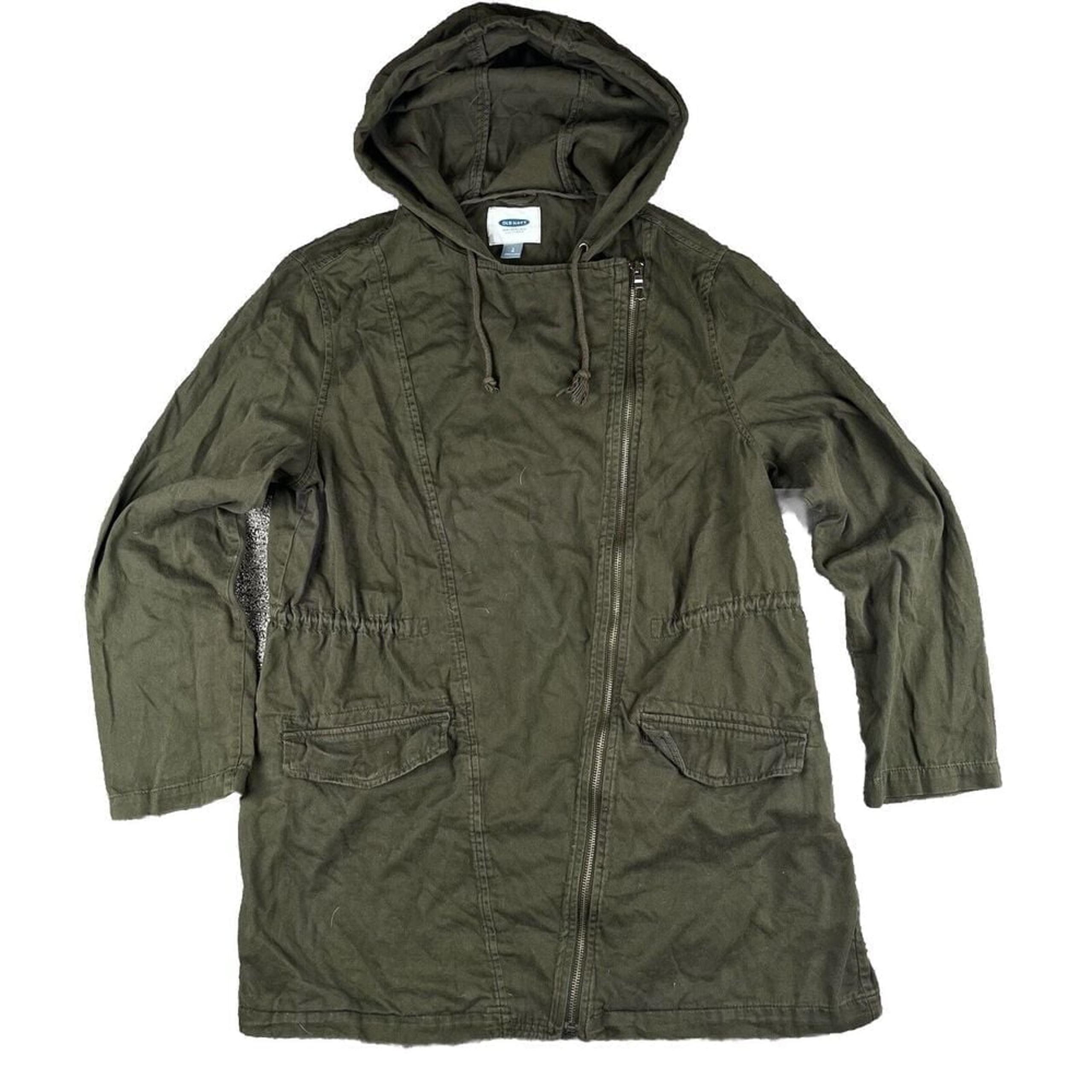 Old Navy Military Parka Jacket Green Full Zip Snap Pockets Hood Women's Size L
