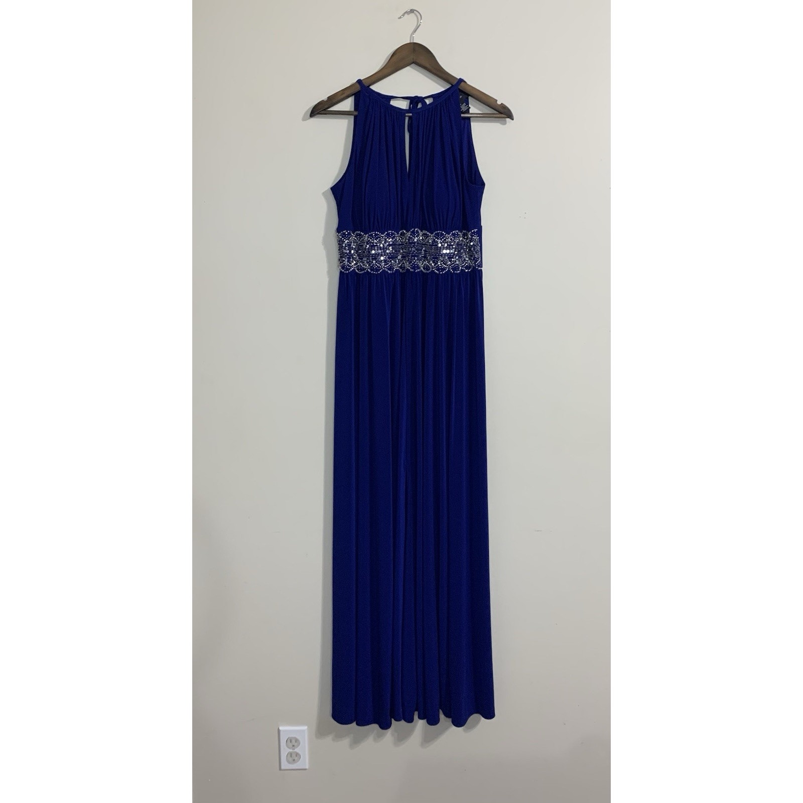 R&M RICHARDS NEW 139 Royal Blue Sleeveless Long Gown Beaded Waist Size 14