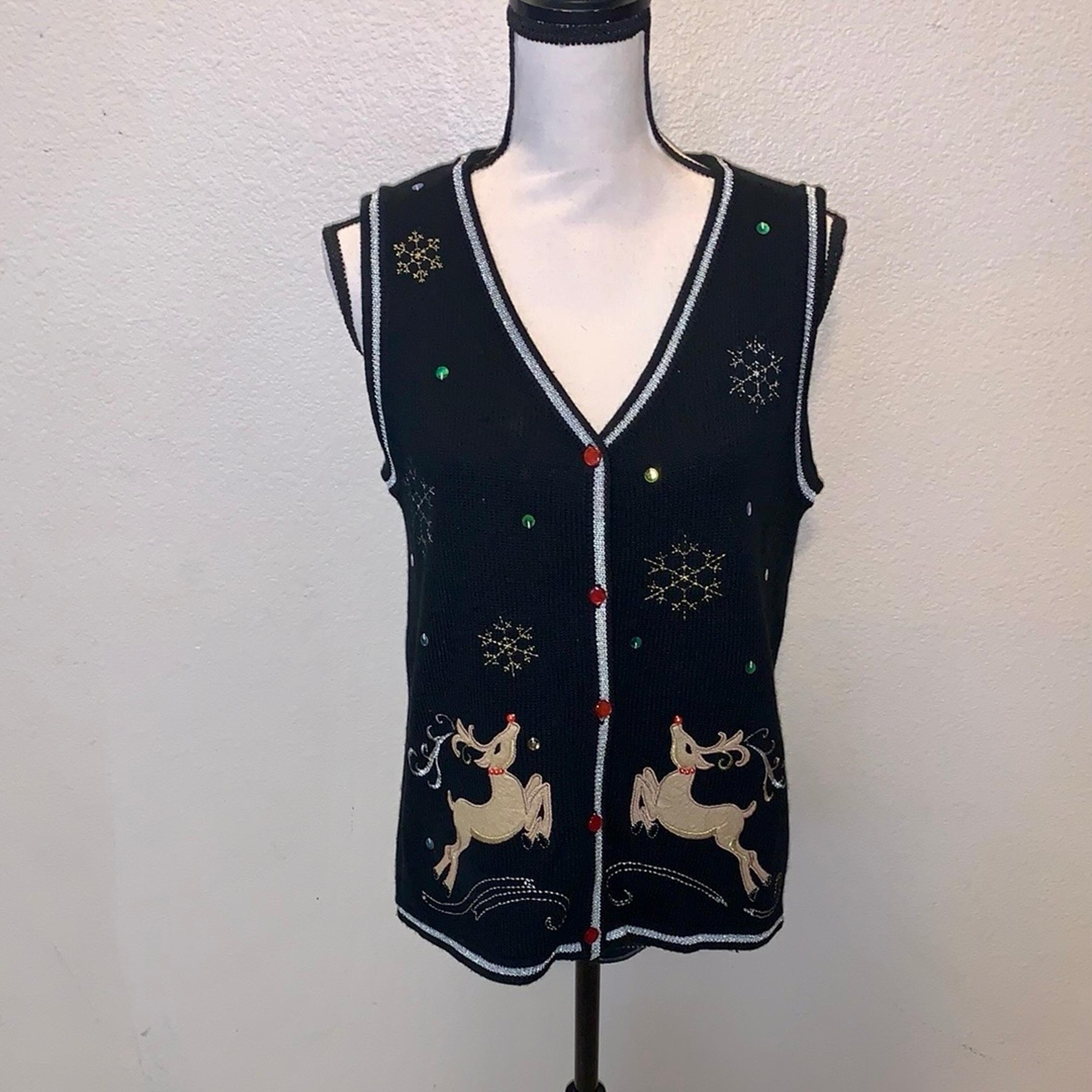 White Stag Women’s S Vintage Reindeer Knit Sweater Vest Christmas Holiday