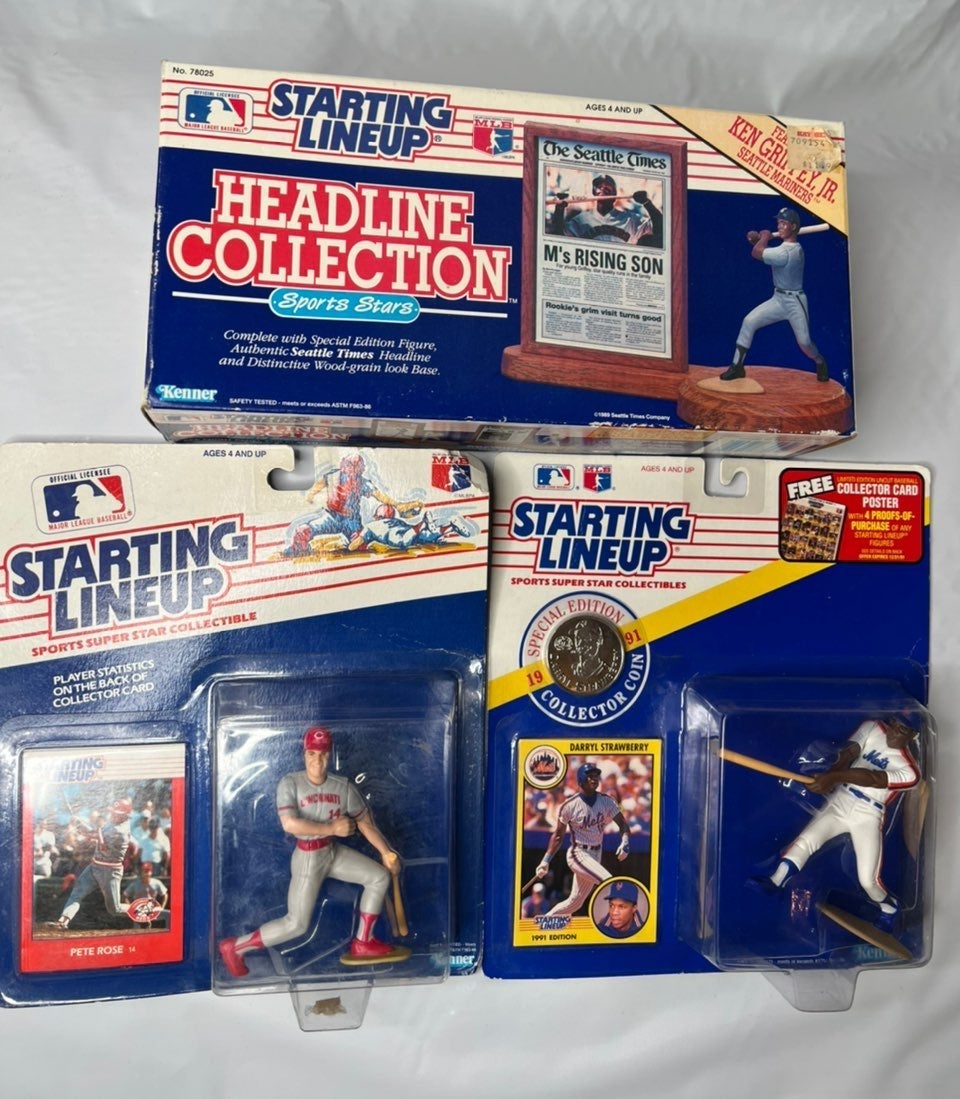 Starting Lineup lot : Pete Rose , Ken Griffey jr , Darryl Strawberry