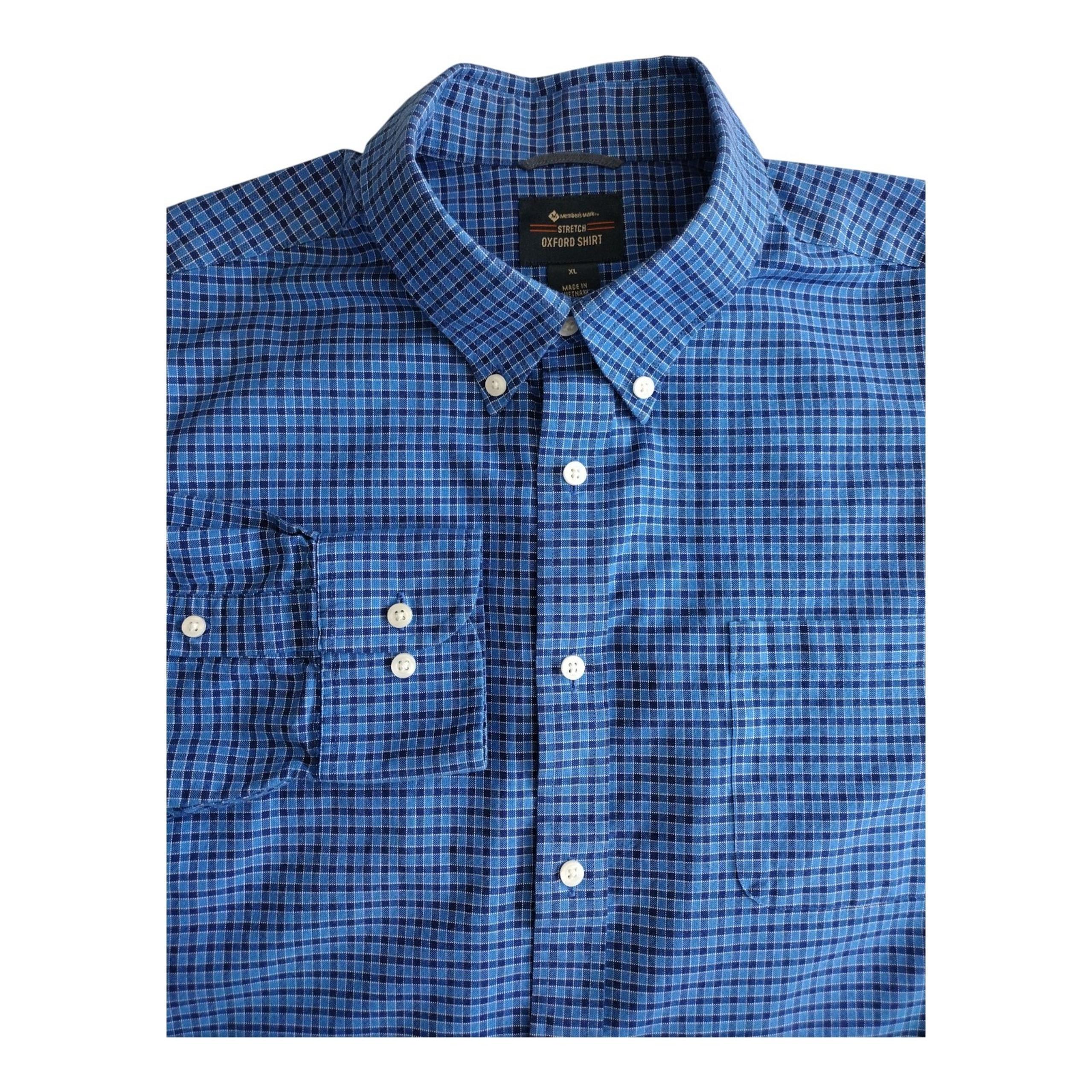 Members Mark Long Sleeve Stretch Oxford Button Down Shirt XL Blue Black Check