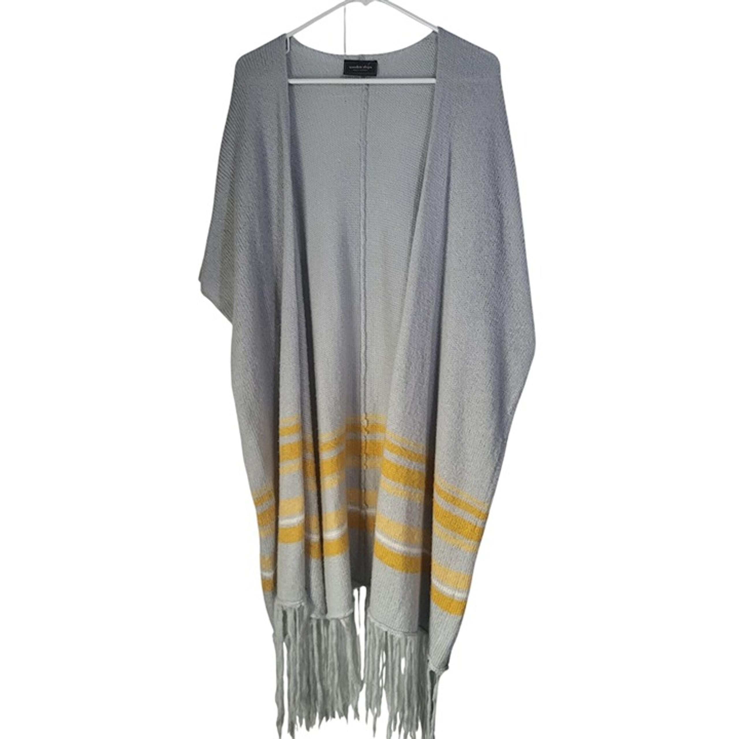 WOODEN SHIPS Women's M/L Open Front Gray Yellow Stripes Cardigan Sweater Shawl