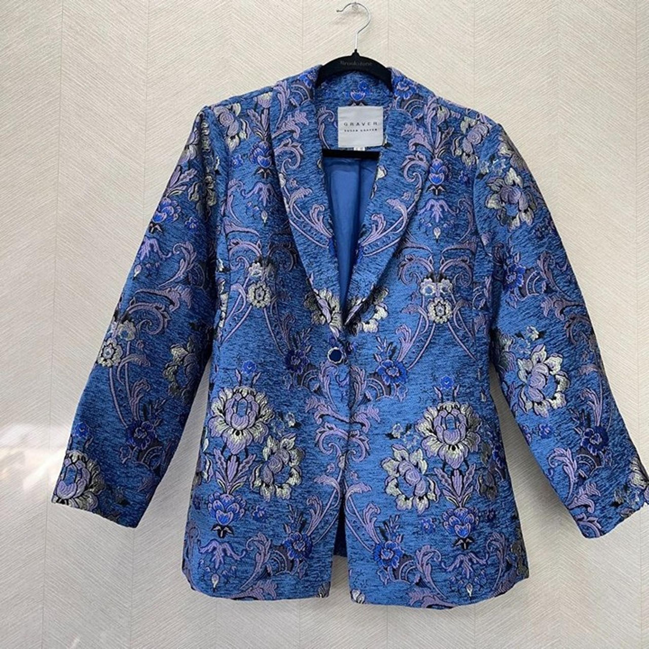 Susan Graver Blue Jacquared Tapestry Notch Collar Floral Brocade Blazer Jacket W
