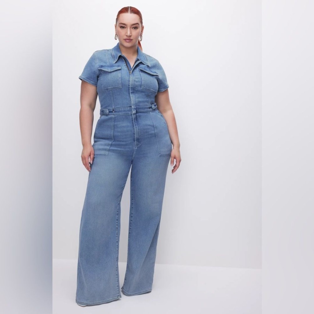 Good American Fit For Success Palazzo Flare Jumpsuit Size XL Blue Denim