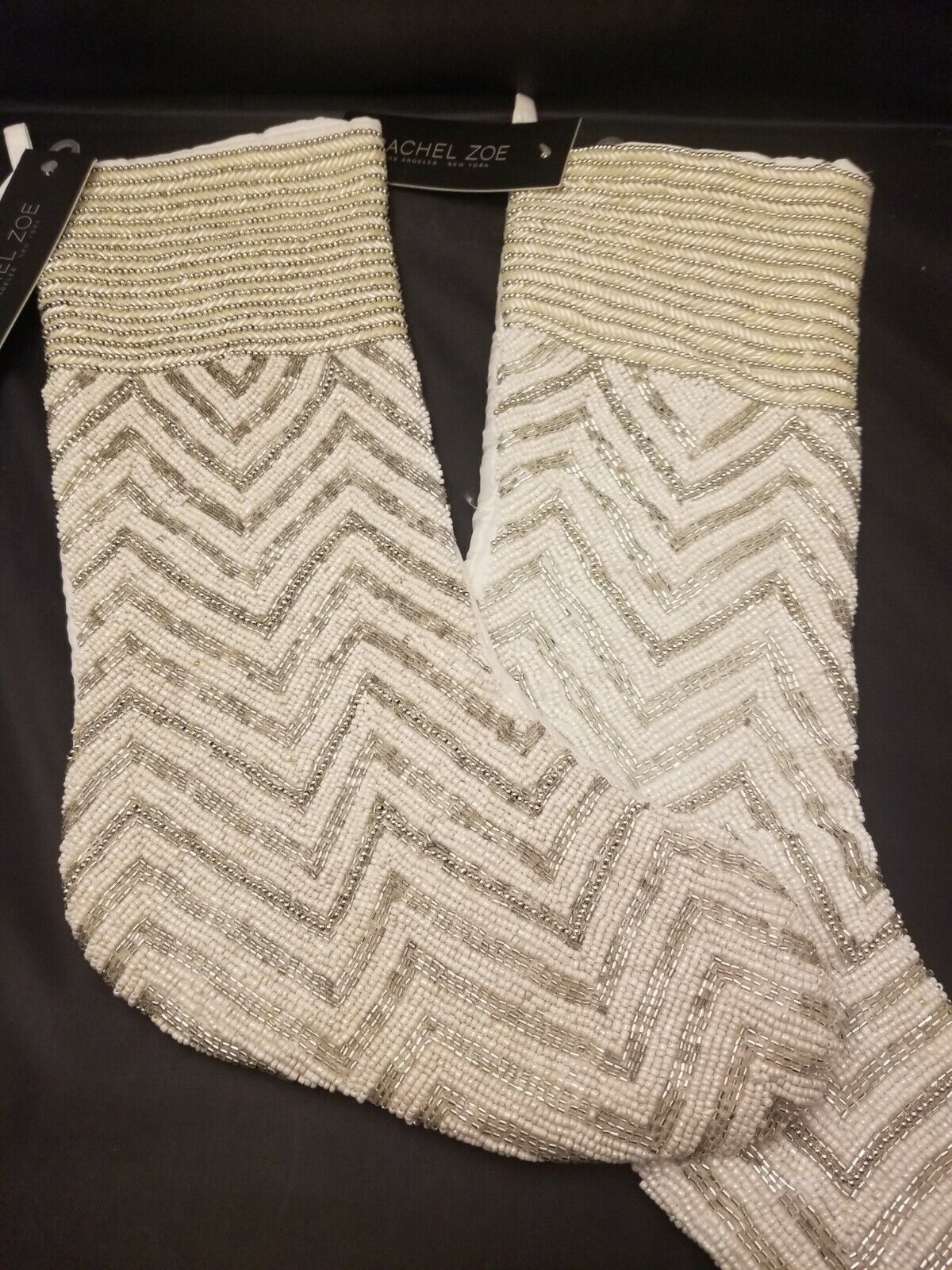 Rachel Zoe Beaded Christmas Stocking Pair White Silver Chevron Luxury Set of 2