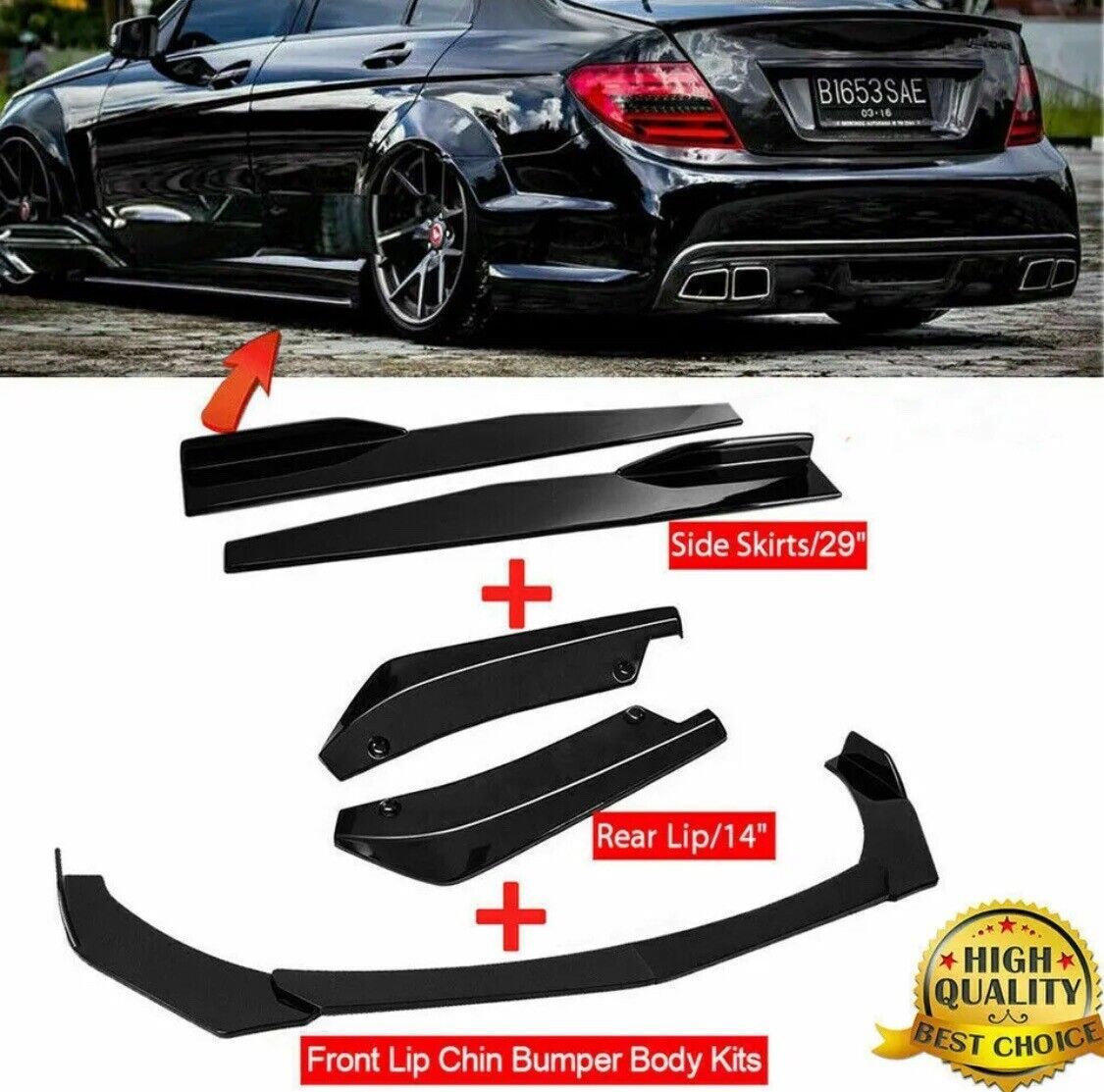 For Mercedes Benz Front Bumper Spoiler Body Kirstie Skirt Lip Glossy Black