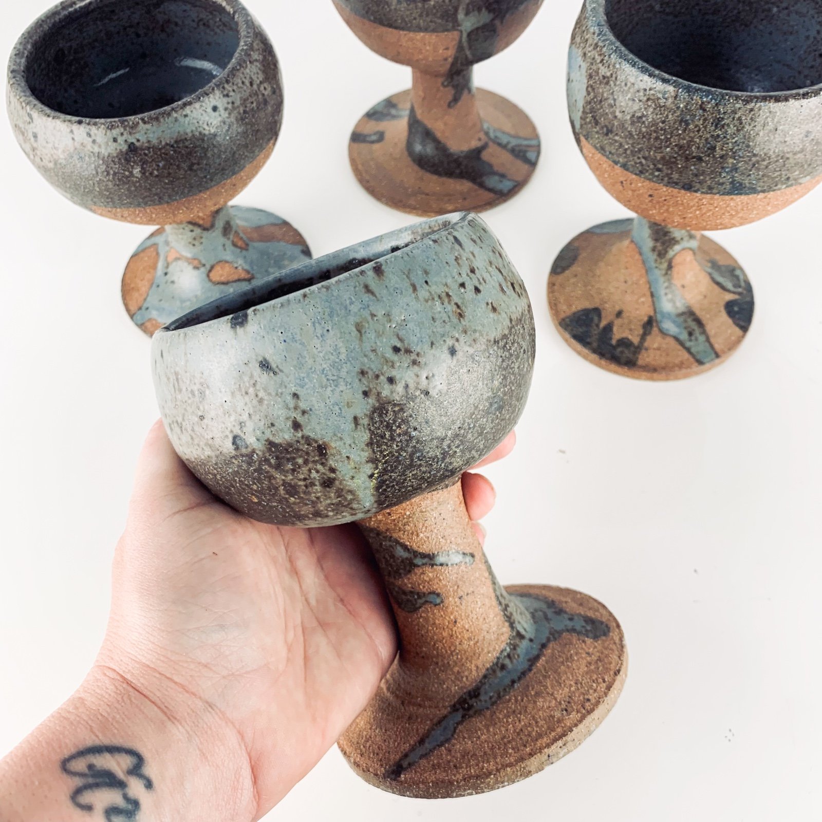 Vintage Signed Studio Pottery Wine Gobblet Chalice Ceramic Earthenware Set Of 4