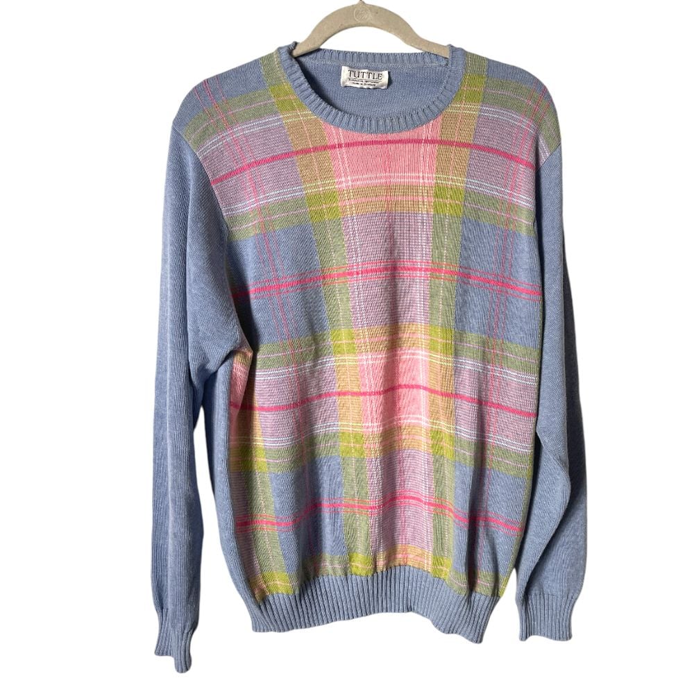 Tuttle Scottish Cotton Pastel Plaid Cotton Crewneck Sweater L