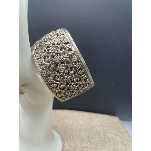 Vintage Silver Tone Wide Cuff Bangle Bracelet Scrolled Fancy Safety Chain