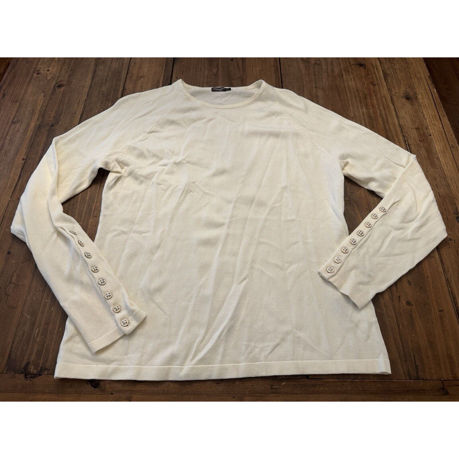 J McLaughlin Jamey Sweater Crew Neck Size Medium Button Sleeves Ivory Minimalist