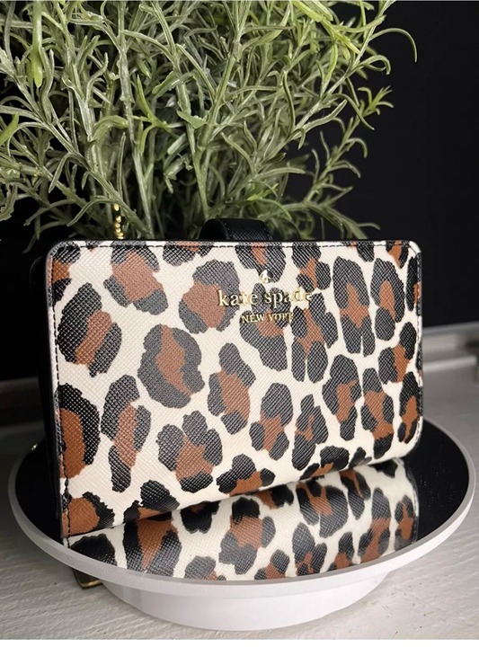 Kate Spade NY Madison Medium Compact Bifold Wallet Conch Leather Spotted Leopard