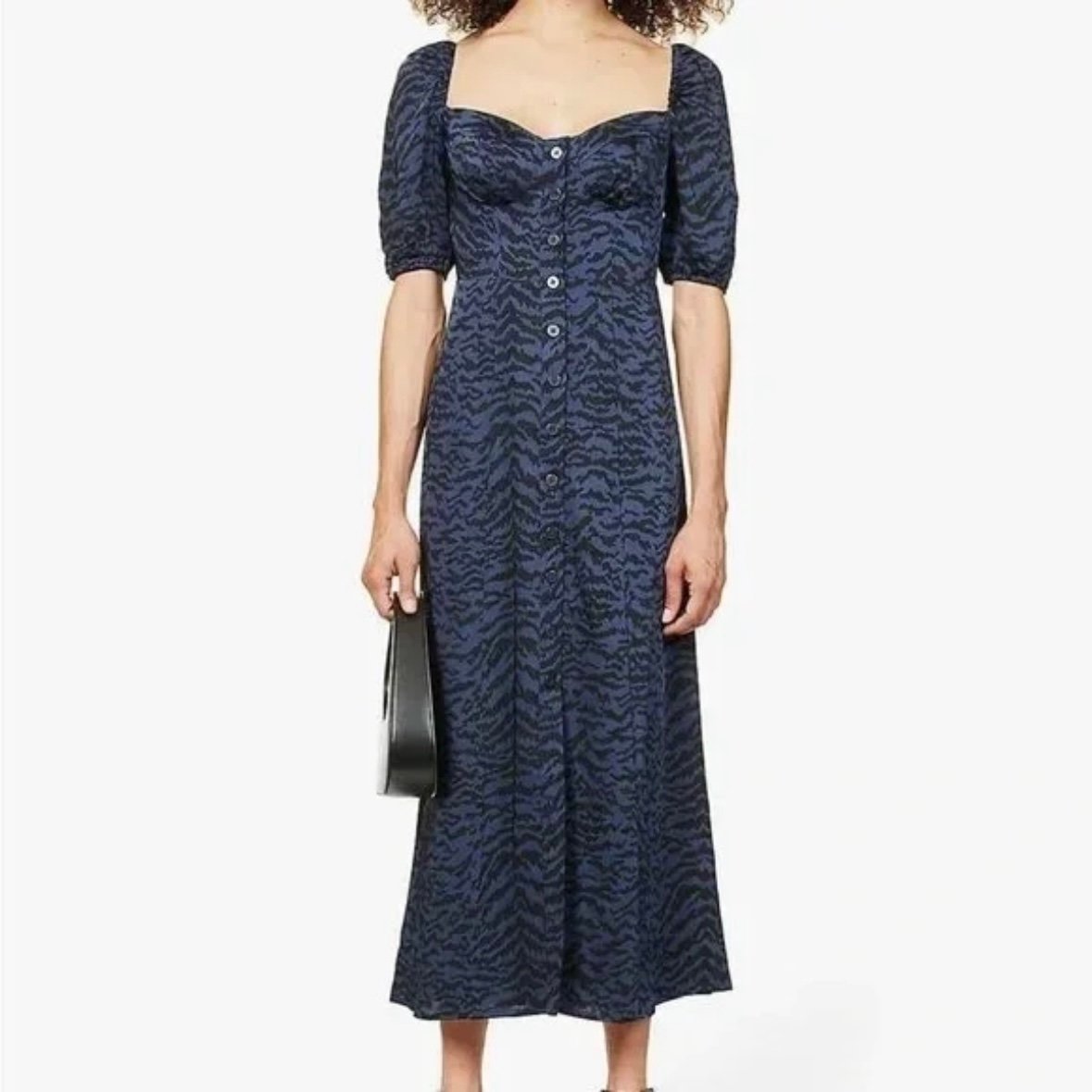 Good American corset style blue & black leopard print puff sleeve maxi dress 2