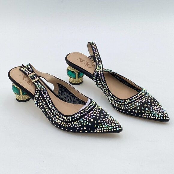 FSJ Women Classic Slingback Pumps jewel Heels rhinestone Sandal Pointy Toe