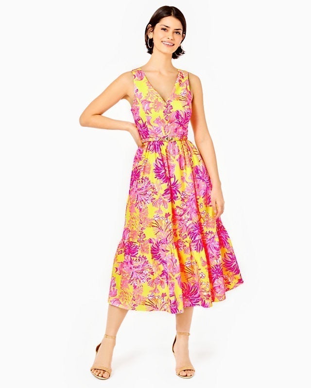 NWT Lilly Pulitzer Bri V-Neck Cotton Midi Dress Size 4 in Calla Yellow Floral