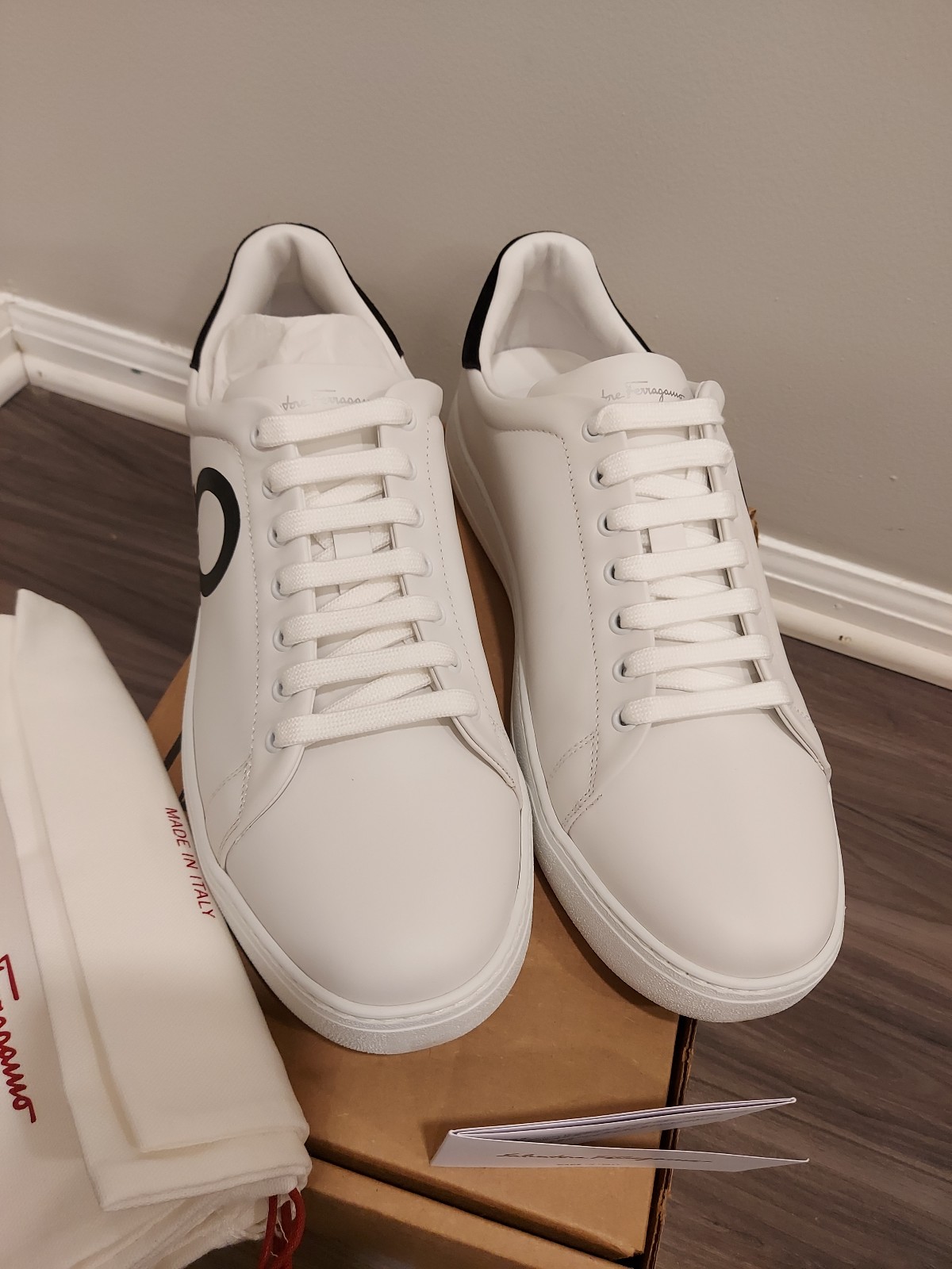 Salvatore Ferragamo Double Gancini Men's Number Sneakers- White & Black Sz 11