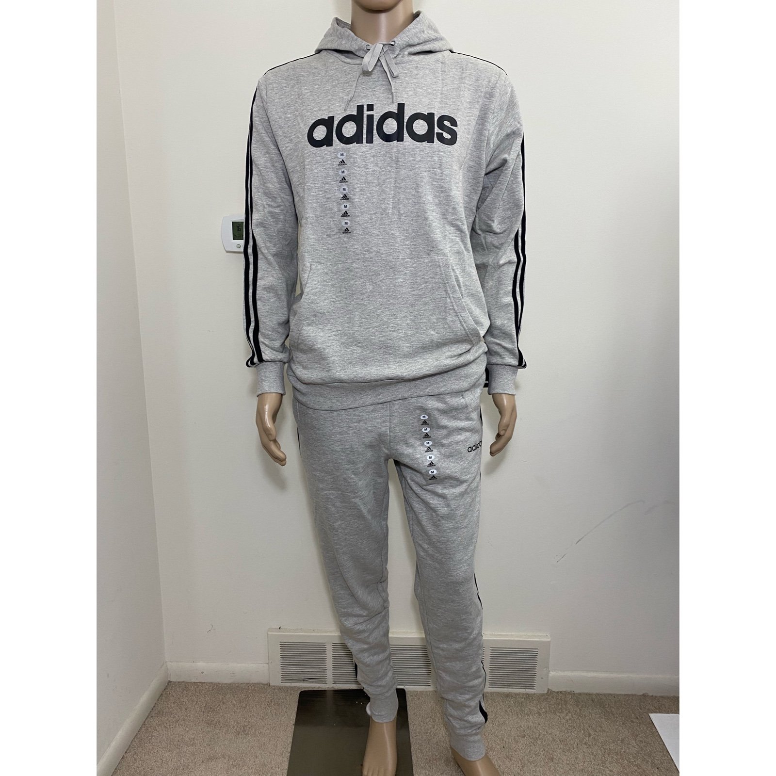 Adidas Men's Essential 3-Stripe Logo Hoodie & Joggers Sweatpants Set Outfit Sz L