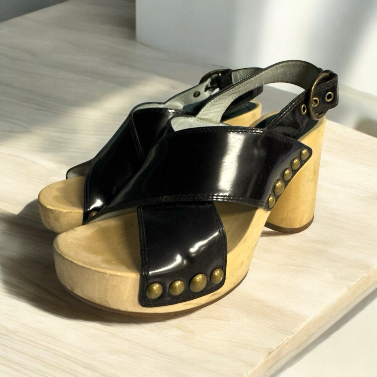 Marc Jacobs Black Studded Platform Sandals Wooden Clogs 36.5 Women's 6-6.5