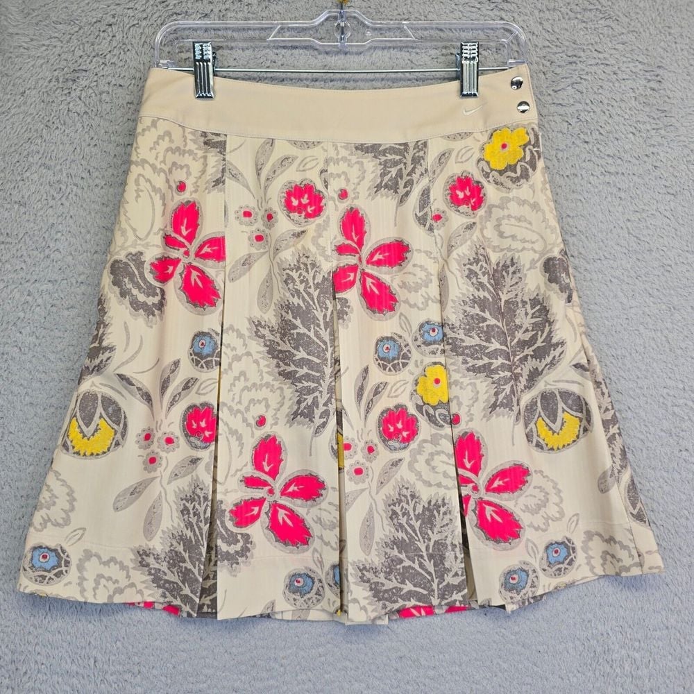 Nike Golf Skort Women 2 Beige Pleated Floral A Line Skirts Aloha Hawaiian Tennis