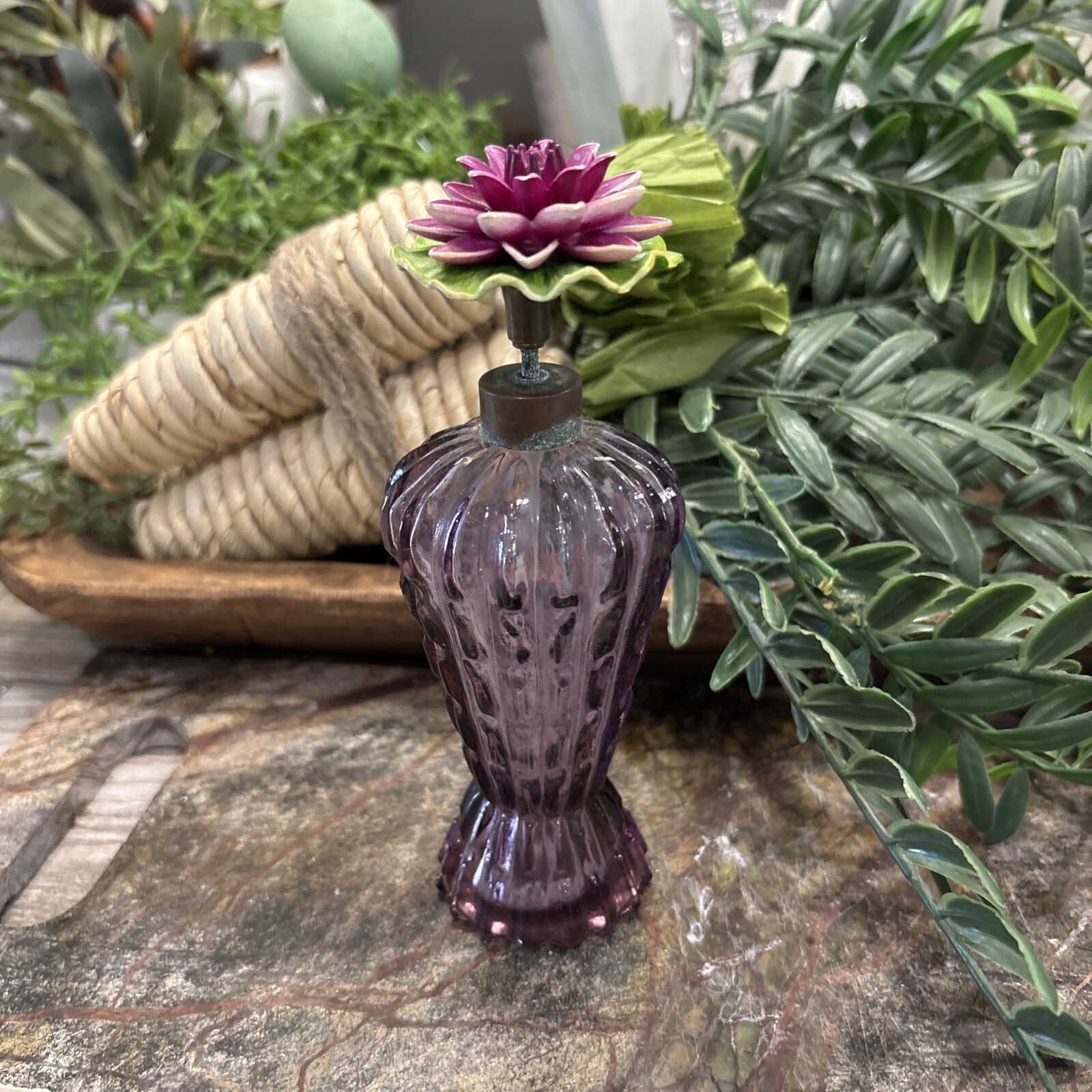Vintage West Germany Violet Purple Bottle Atomizer with Flower .