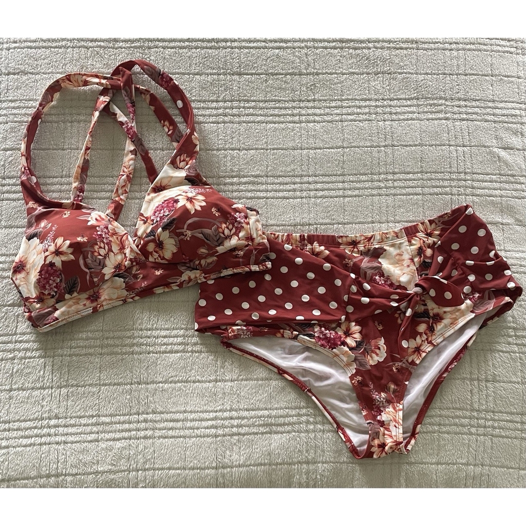 Torrid Dusty Red Floral & Polka Dot High Waist Tie Front Swim Top & Bottoms 00