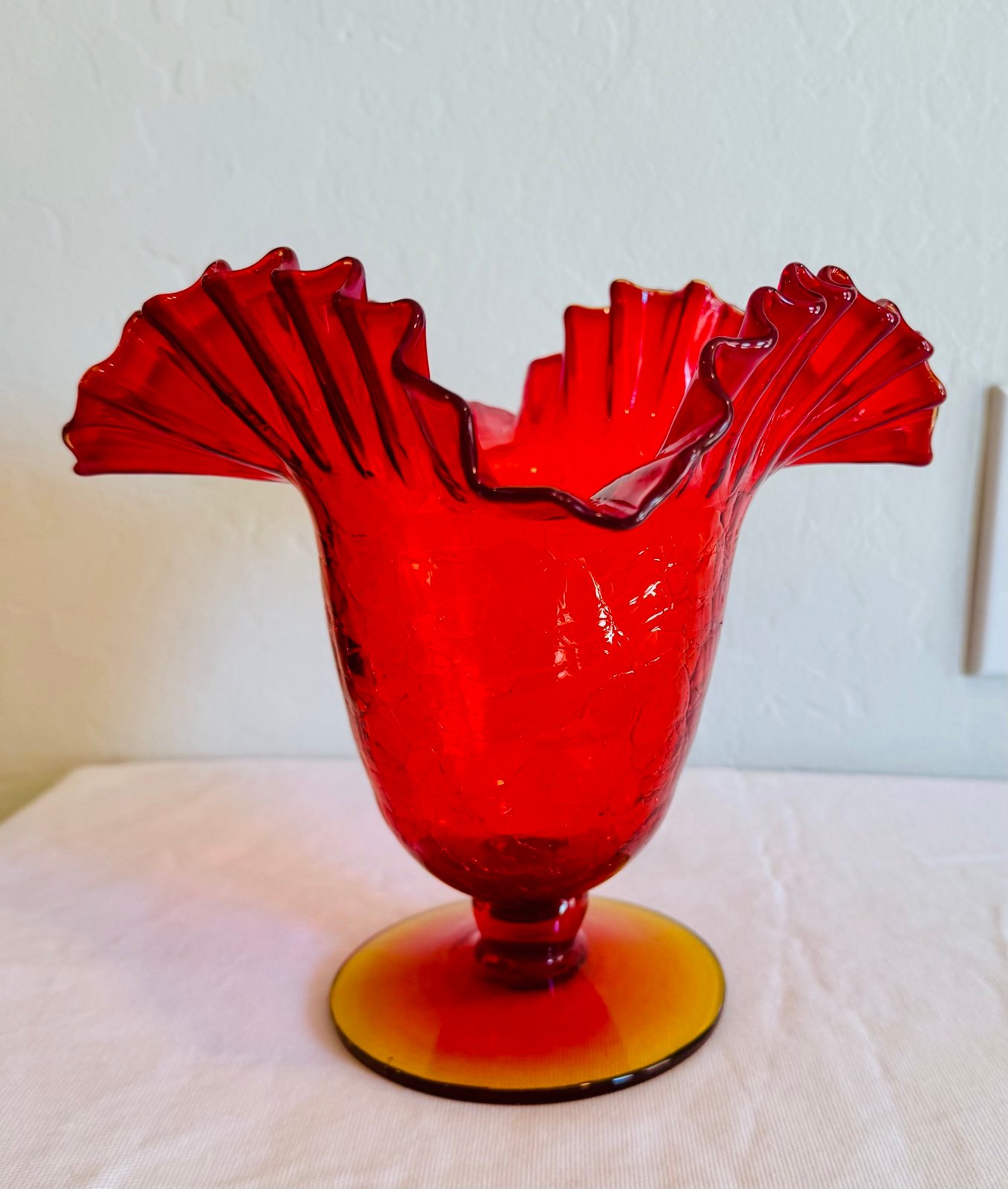 Vintage MCM Blenko Amberina Crackle Glass Vase w/Crimped Ruffled Edge