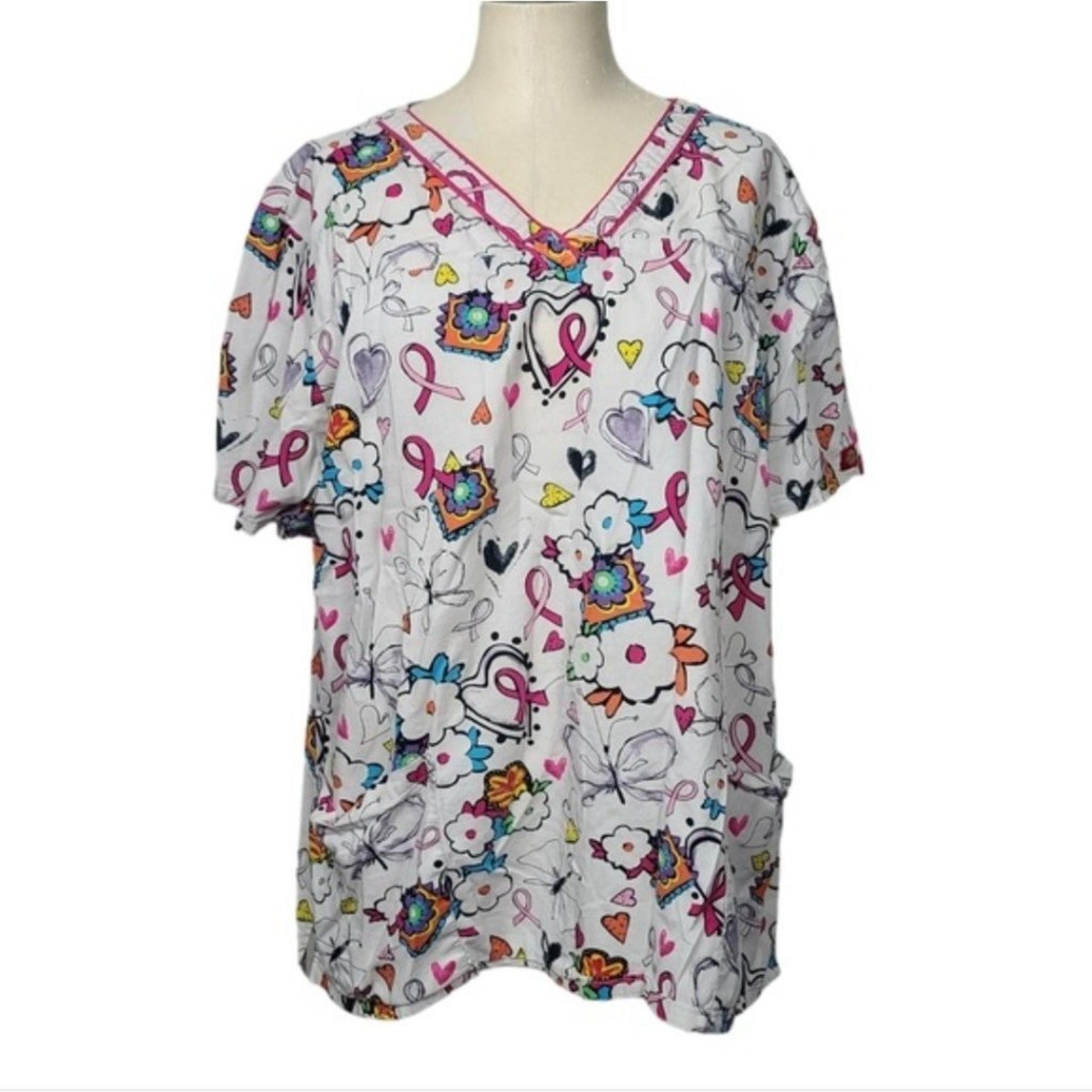 Dickies Floral Heart Breast Cancer Ribbon Colorful V Neck Scrub 2XL