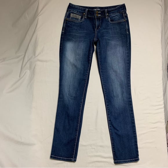 Cache Jeans Women's 4 Blue Dark Wash Denim Straight Decorative Pocket Slim Sexy