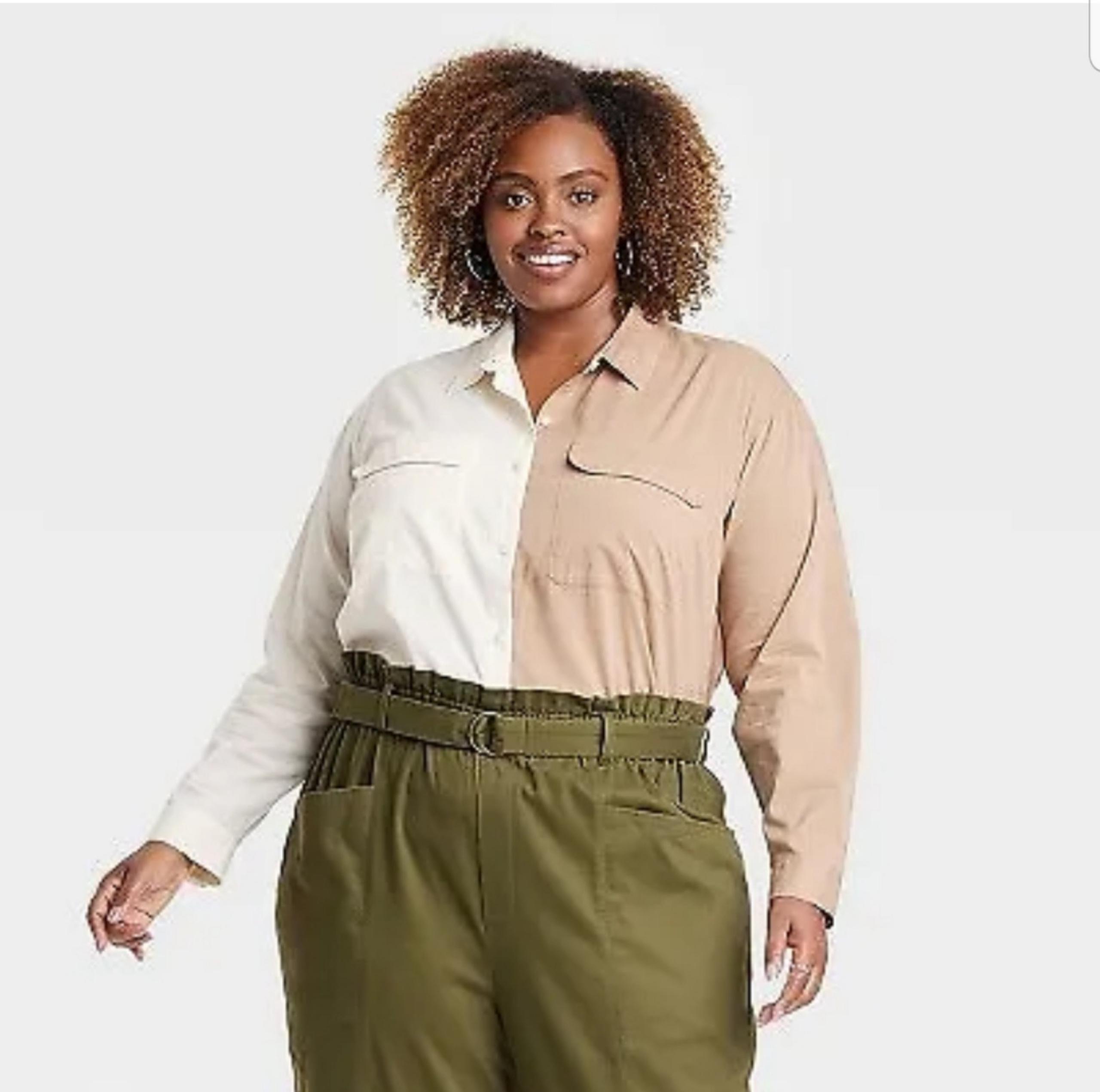 Women's Long Sleeve Utility Button-Down Shirt - Ava & Viv Beige Colorblock XXL
