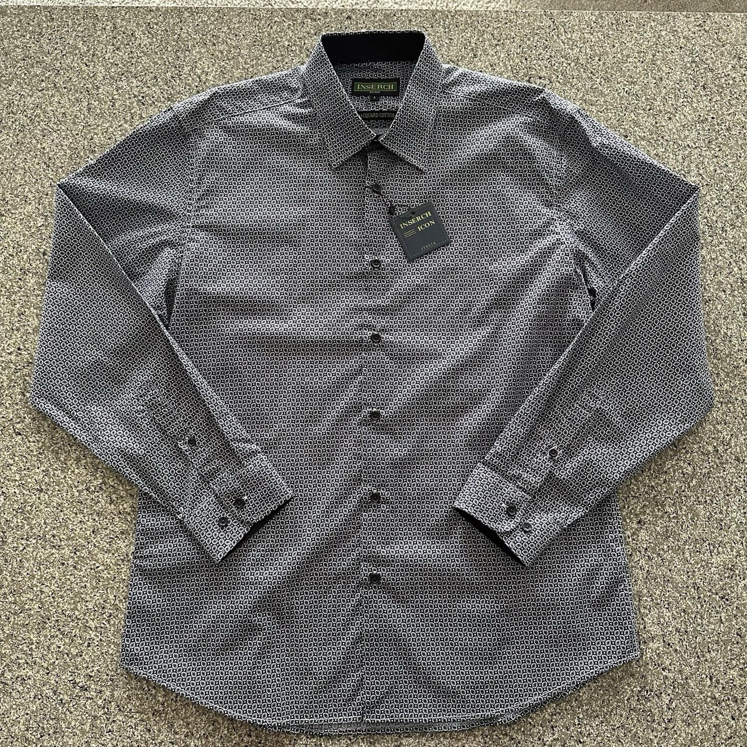 Inserch Icon Button Up Dress Shirt Jacquard Cotton Mens Size L Navy Long Sleeve