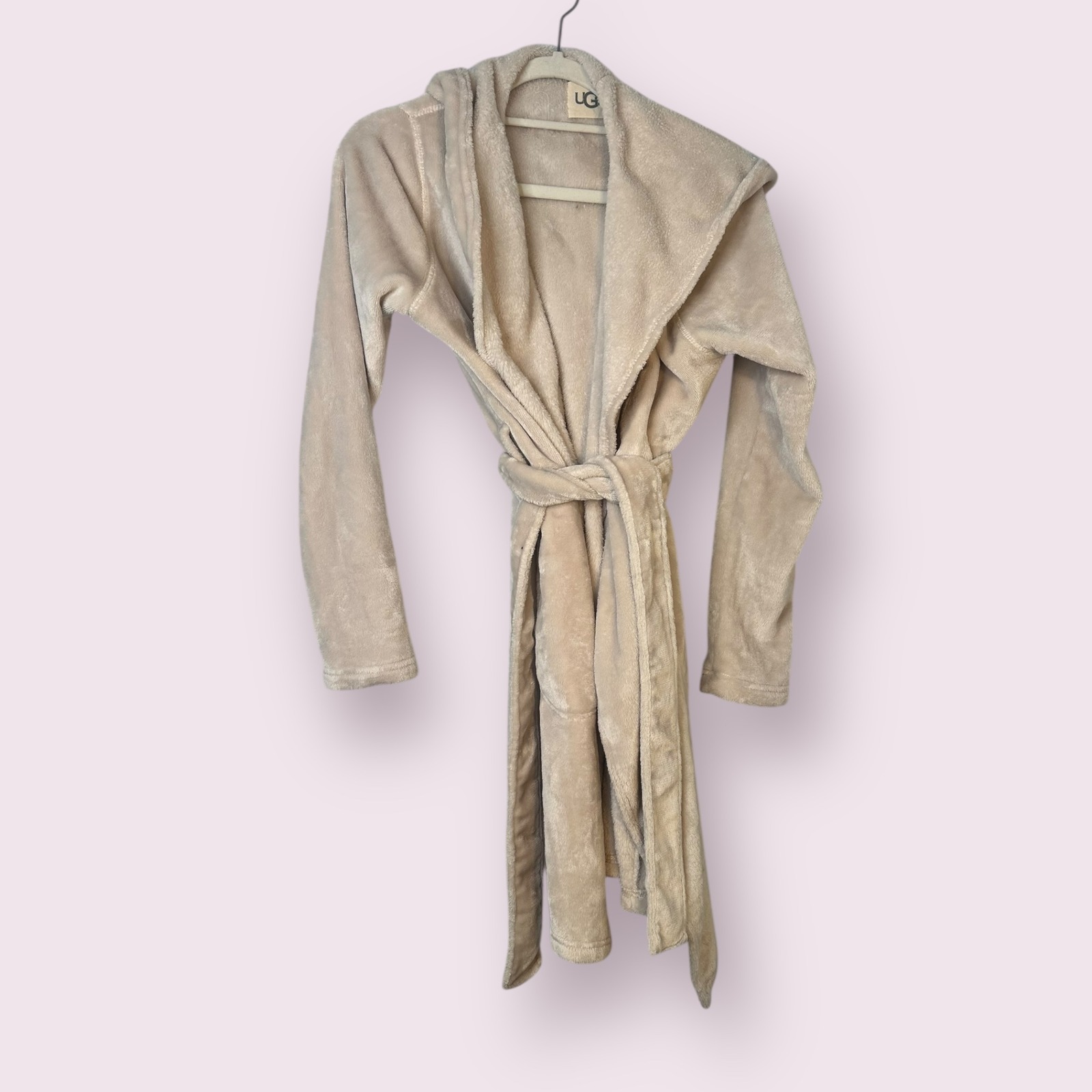 UGG Plush Robe Hooded Spa Bathrobe Cozy Loungewear Beige Medium
