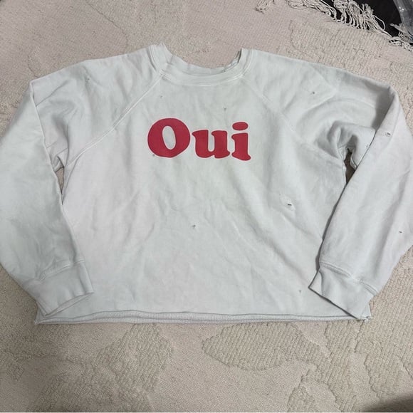 Retro brand distressed Oui White Sweatshirt cropped small white
