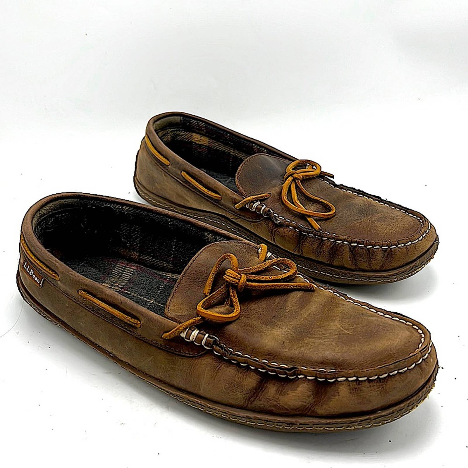 LL Bean brown leather mens loafers house slippers size 13