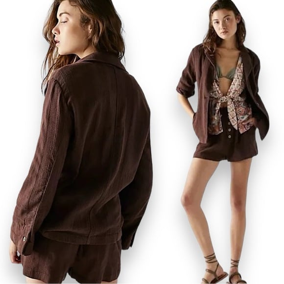 NWT Free People Modern Summer Brown Linen Textured Blazer & Shorts Set Medium