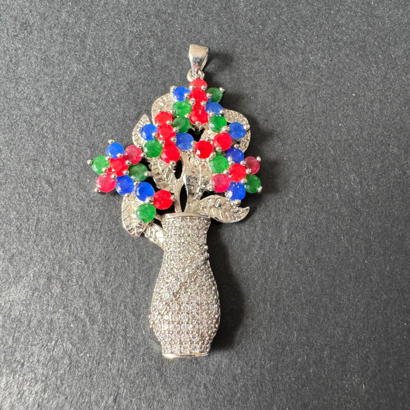 Vintage 925 Sterling Silver Flower Vase Pendant Colorful CZ Stones Statement