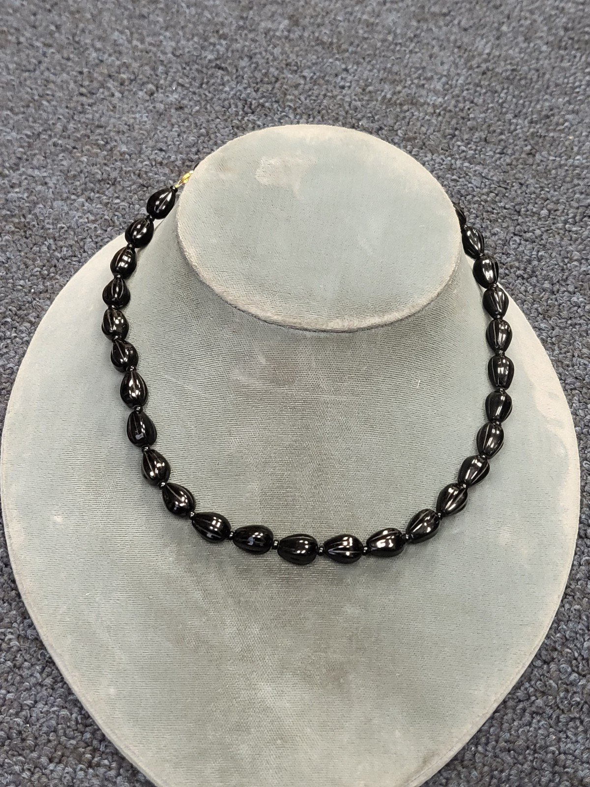 Vintage black glass carved bead necklace