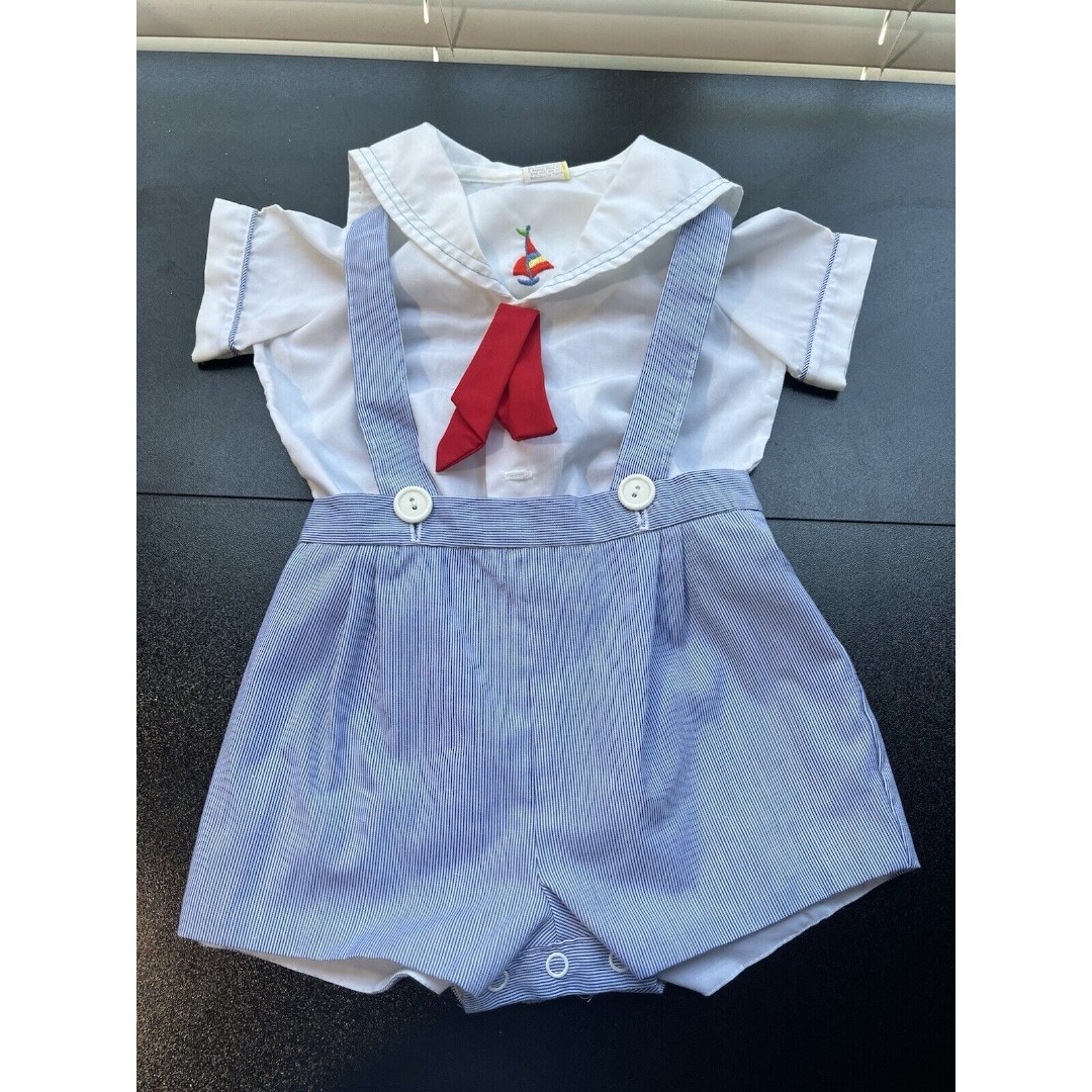 Vintage 1980s Sailor Light Blue Stripped Suspenders & White Top Size 24 Months