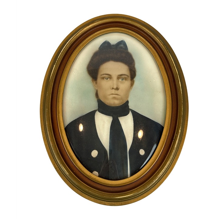 Antique Portrait Woman Convex Oval Wood Frame Victorian Stern Face