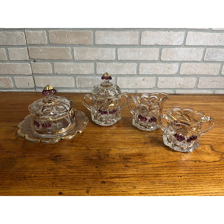 Vintage Rare Northwood Glass EAPG Cherry Lattice Breakfast Set Sugar Creamer But