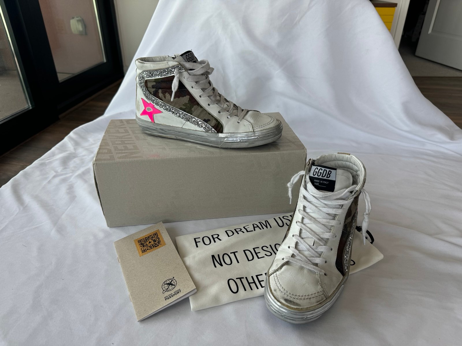 Golden Goose Slide Double Quarter White Leather & Camo Glitter Pink Star Size 37